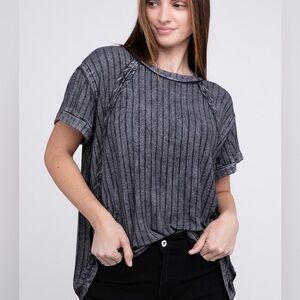 Ribbed Raglan Dolman Sleeve Boat-Neck Top in Ash Black size S/M